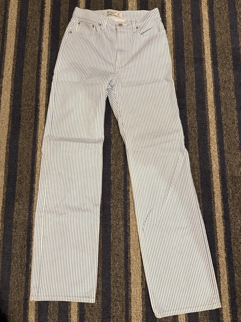 Abercrombie & Fitch Light Blue and White Striped Straight-Leg Jeans
